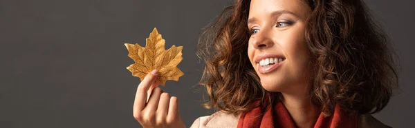 Panoramic shot of smiling woman in trench coat holding golden maple leaf on black background — Stock Photo