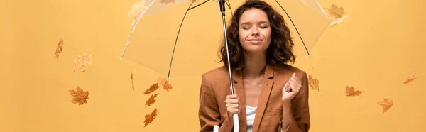 Plano panorámico de mujer rizada feliz en chaqueta marrón con los ojos cerrados sosteniendo paraguas en la caída de hojas de arce dorado aislado en amarillo - foto de stock