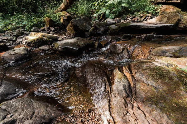 Sonnenschein am fließenden Fluss bei nassen Steinen im Park — Stockfoto