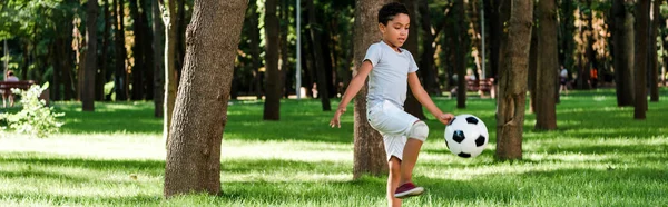 Tiro panorámico de niño afroamericano lindo jugando al fútbol en la hierba - foto de stock