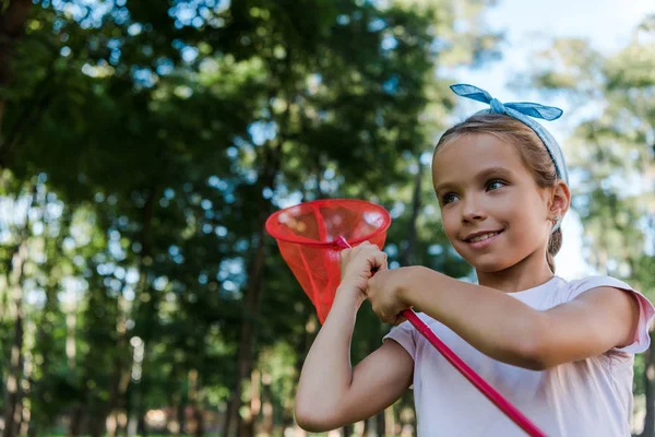 Niño positivo sosteniendo red de mariposa en el parque verde - foto de stock