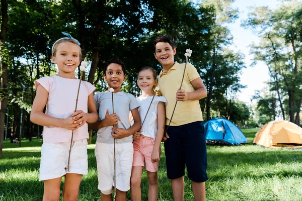 Crianças multiculturais felizes segurando paus com marshmallows perto de acampamentos — Fotografia de Stock