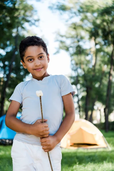 Feliz menino afro-americano segurando pau com doce marshmallow — Fotografia de Stock