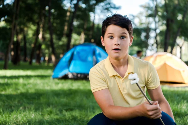 Shocked boy holding stick with sweet marshmallows — Stock Photo