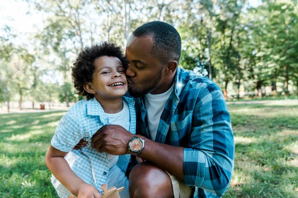 Африканский американский отец целует щеку счастливого сына в парке — стоковое фото