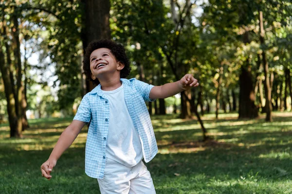 Feliz afroamericano chico mirando hacia arriba en parque - foto de stock