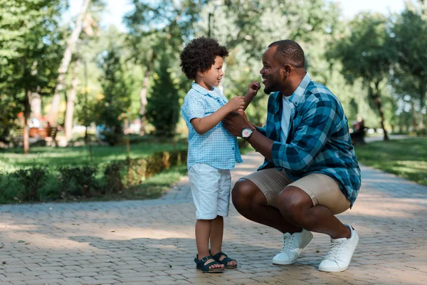 Alegre afroamericano chico mirando barbudo padre en parque - foto de stock