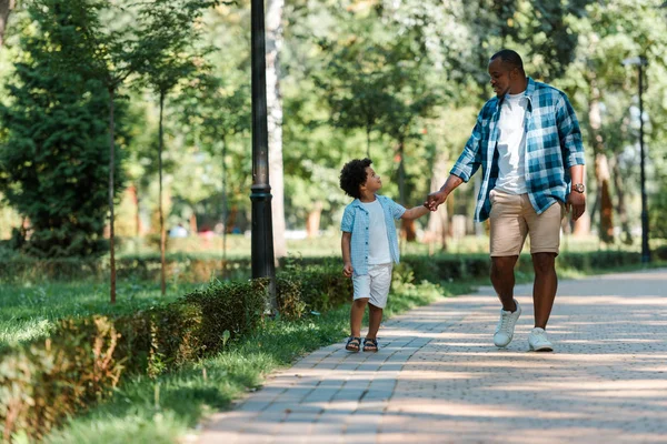 Feliz africano americano niño cogido de la mano con guapo padre mientras caminando en parque - foto de stock