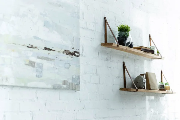 Muro di mattoni con foto e scaffali in legno con piante e libri — Foto stock
