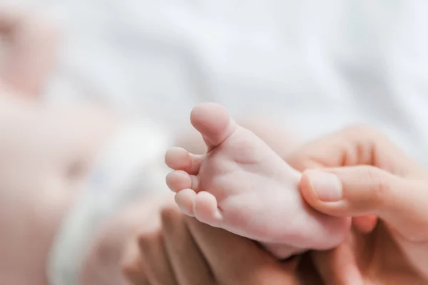 Vue recadrée de la mère faisant massage tout en touchant la jambe du bébé — Photo de stock