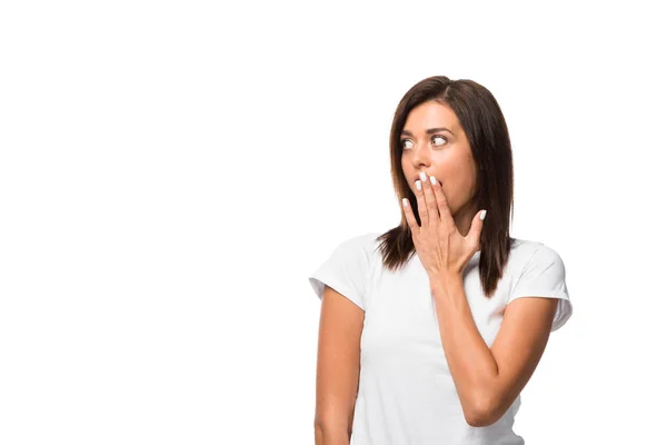 Beautiful shocked girl in white t-shirt, isolated on white — Stock Photo