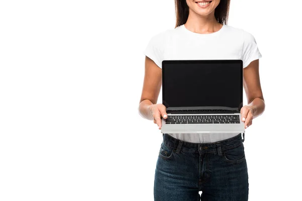 Vista ritagliata di donna che mostra laptop con schermo vuoto, isolato su bianco — Foto stock