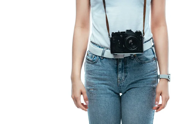 Vista cortada de mulher com câmera digital isolada em branco — Fotografia de Stock