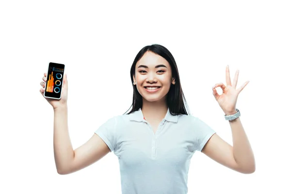 Happy brunette asian woman holding smartphone with business app and showing ok sign isolated on white — Stock Photo