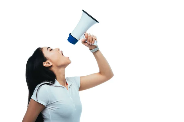 Angry asian girl screaming in megaphone isolated on white — Stock Photo