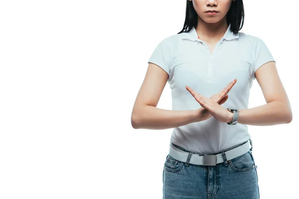 Recortado vista de asiático chica mostrando no gesto aislado en blanco - foto de stock