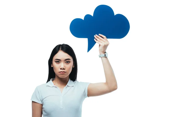 Sad asian girl holding blank thought bubble isolated on white — Stock Photo
