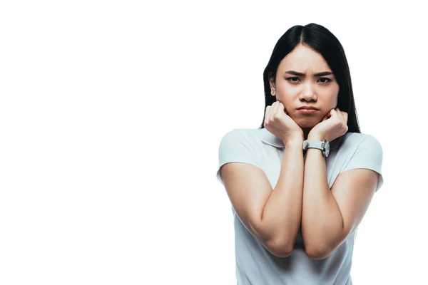 Ofendido triste atractivo asiático chica aislado en blanco - foto de stock