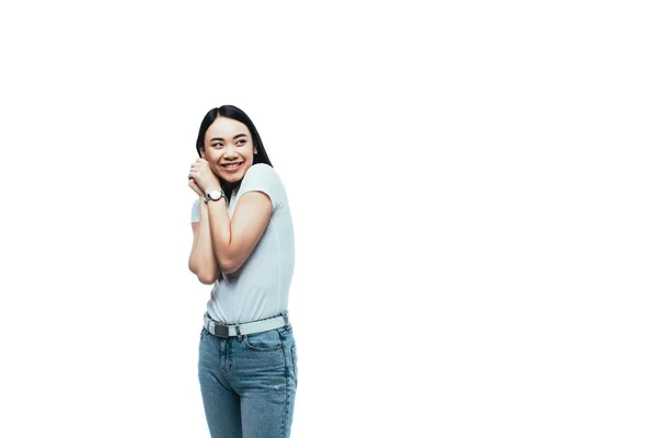 Sorrindo muito asiático menina olhando afastado isolado no branco — Fotografia de Stock