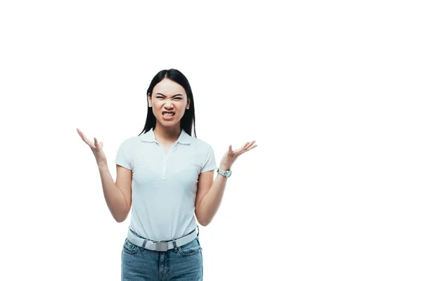 Angry asian girl showing teeth and gesturing isolated on white — Stock Photo