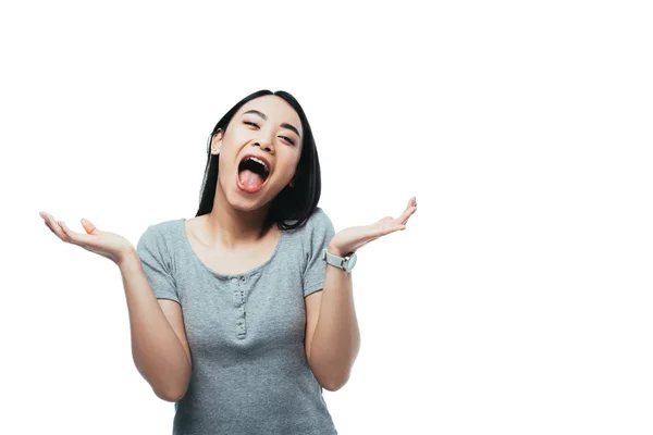 Excité attrayant asiatique fille avec ouvert bouche isolé sur blanc — Photo de stock