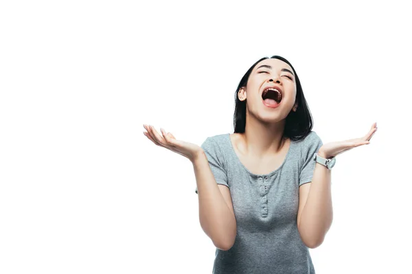 Asian girl crying with open mouth isolated on white — Stock Photo