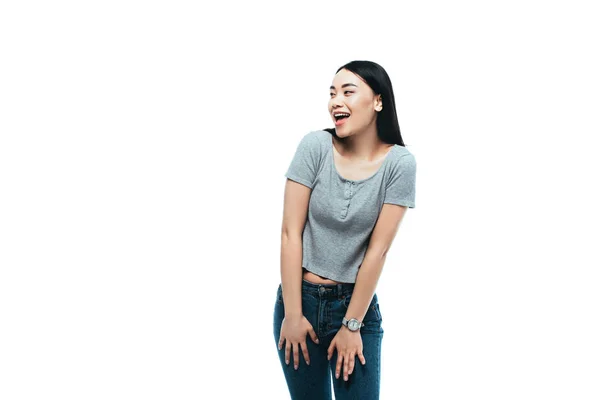 Happy asian girl looking away isolated on white — Stock Photo