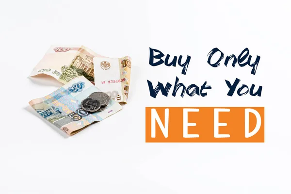 Russian money on white background with buy only what you need illustration — Stock Photo