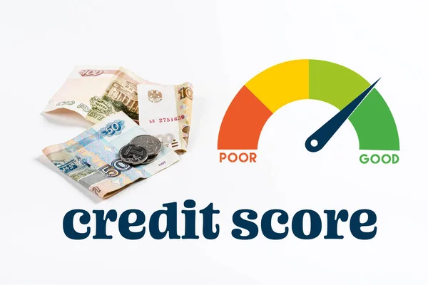 Russian money on white background with credit score illustration — Stock Photo