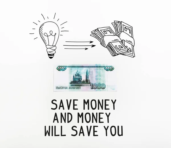 Von oben Ansicht der russischen Rubel und sparen Sie Geld und Geld sparen Sie Illustration isoliert auf weiß — Stockfoto