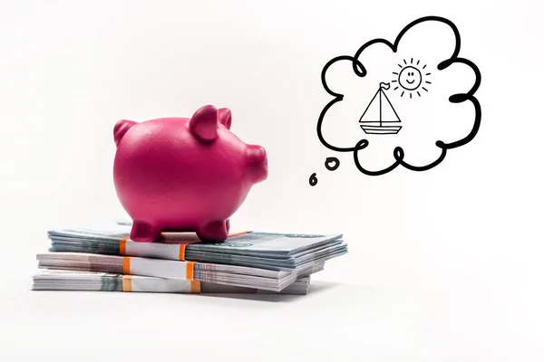 Pink piggy bank on stack of russian rubles on white background with house in thought bubble illustration — Stock Photo