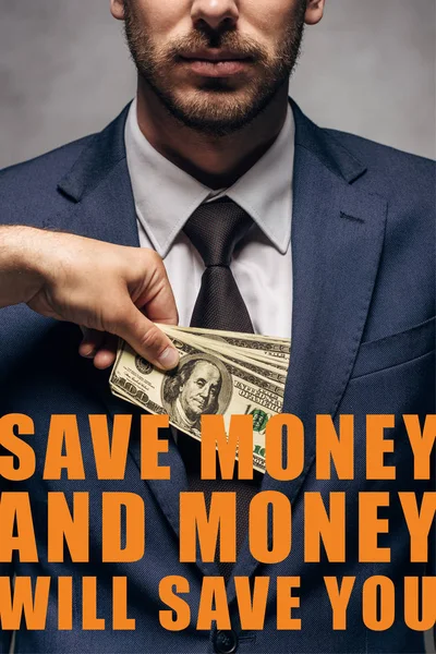 Cropped view of man putting money in pocket of businessman with save the money and money will save you illustration — Stock Photo