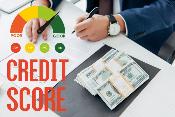 Cropped view of businessman signing contract near money in office with credit score illustration — Stock Photo