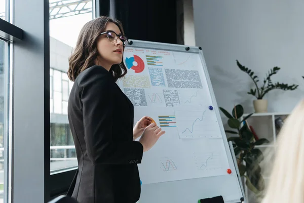 Young businesswoman standing near flipchart with infographics during business meeting — Stock Photo