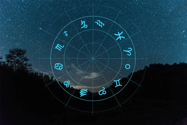 Paesaggio scuro con cielo stellato notturno e illustrazione zodiacale — Foto stock