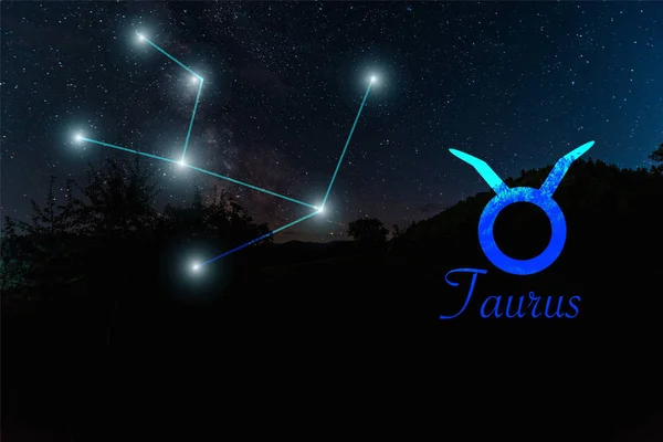 Dark landscape with night starry sky and Taurus constellation — Stock Photo