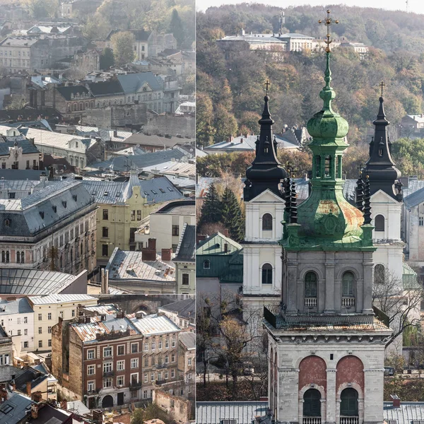 Collage of carmelite church and old houses in lviv — Stock Photo