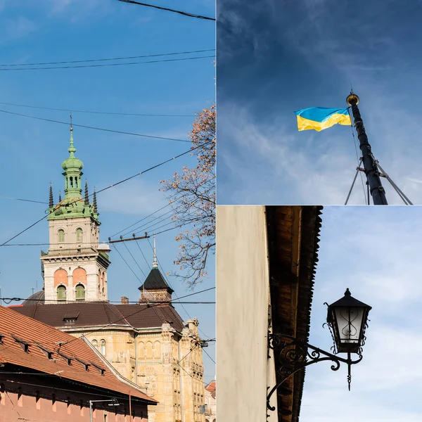 Коллаж Корняктской башни, украинского флага и уличной лампы на фоне голубого неба — стоковое фото