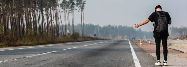 Panoramic shot of man hitchhiking on road near green trees — Stock Photo