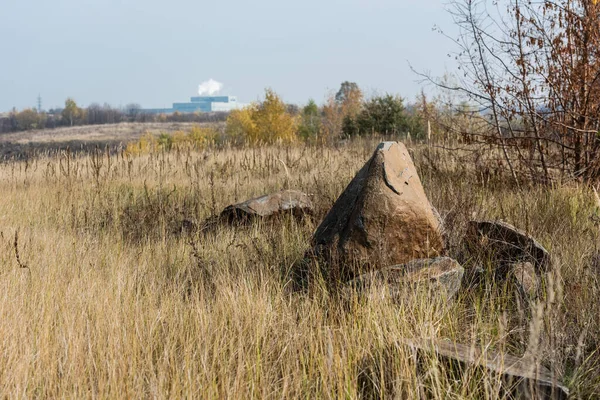 Selective focus of rocks in field near factory and green trees against sky — Stock Photo