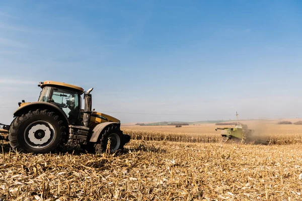 Тракторы, собирающие золотое поле против голубого неба — стоковое фото