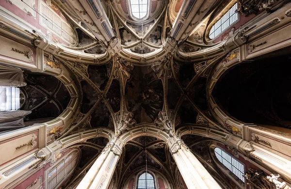 LVIV, UKRAINE - OCTOBER 23, 2019: bottom view of dome in lviv latin cathedral with windows — Stock Photo