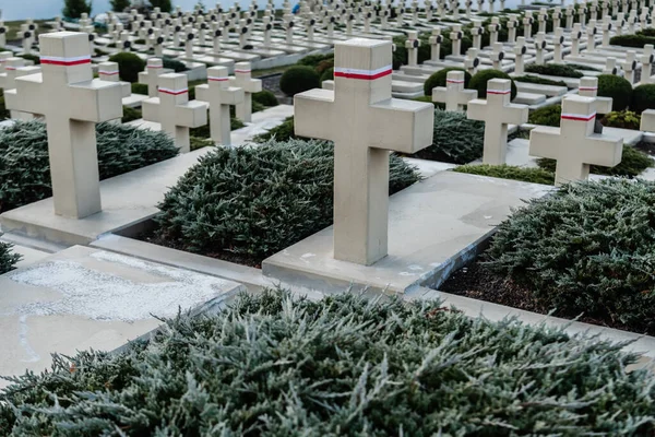 LVIV, UKRAINE - OCTOBER 23, 2019: graves and stone crosses with ribbons symbolizing polish flag in lychakiv cemetery in lviv, ukraine — Stock Photo