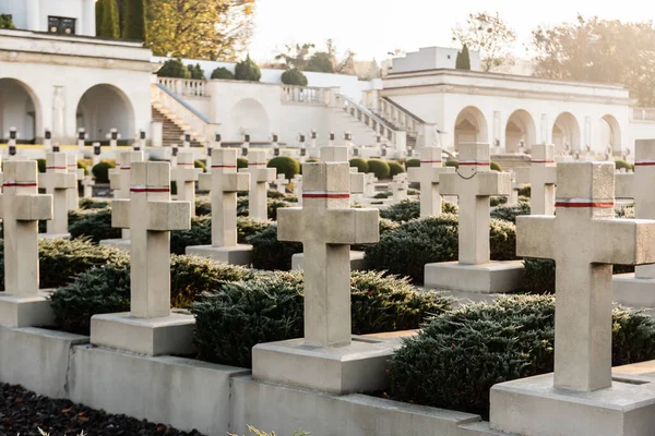 LVIV, UCRANIA - 23 DE OCTUBRE DE 2019: tumbas polacas con cruces y galerías de arco en el cementerio de lychakiv en lviv, Ucrania - foto de stock