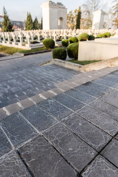 LVIV, UCRANIA - 23 DE OCTUBRE DE 2019: enfoque selectivo de tumbas y monumentos polacos en el cementerio de lychakiv en lviv, Ucrania - foto de stock