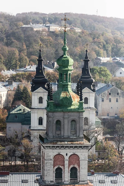 Aerial view of carmelite church and korniakt tower in historical center of city — Stock Photo