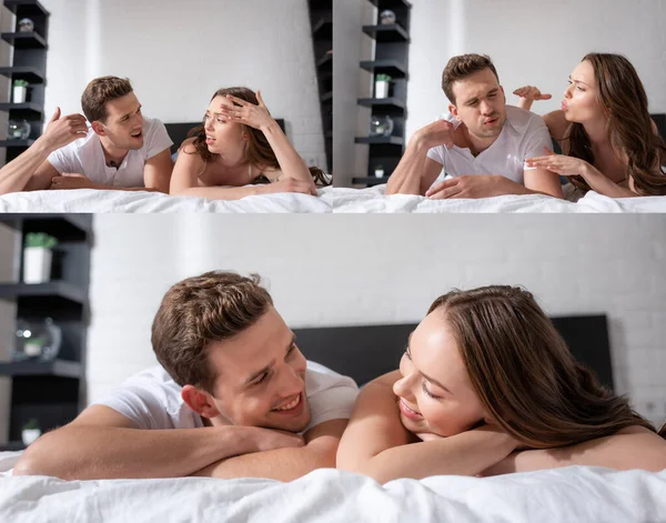 Collage of couple looking at each other and feeling hot in bedroom — Stock Photo