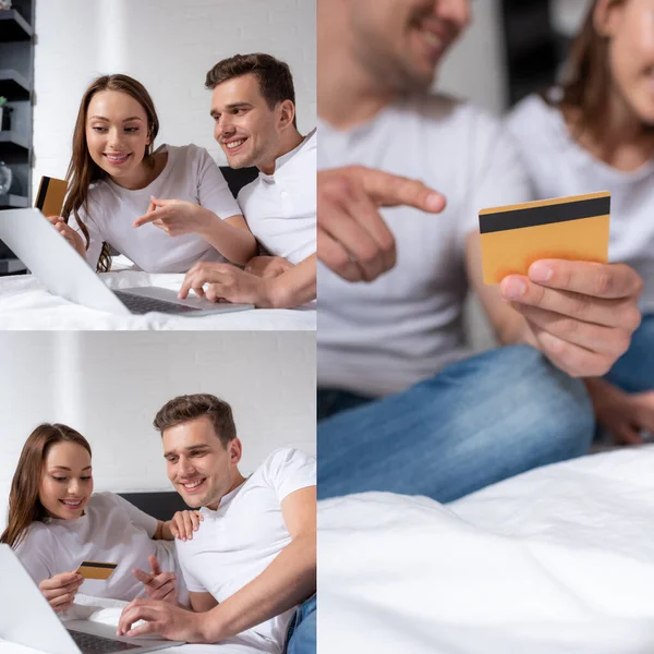 Коллаж счастливой женщины, указывающей пальцем на ноутбук и держащей кредитные карты во время покупок онлайн с парнем — стоковое фото