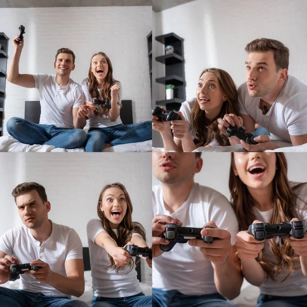KYIV, UCRAINA - 15 MAGGIO 2020: coppia felice che tiene i joystick mentre gioca al videogioco in camera da letto — Foto stock