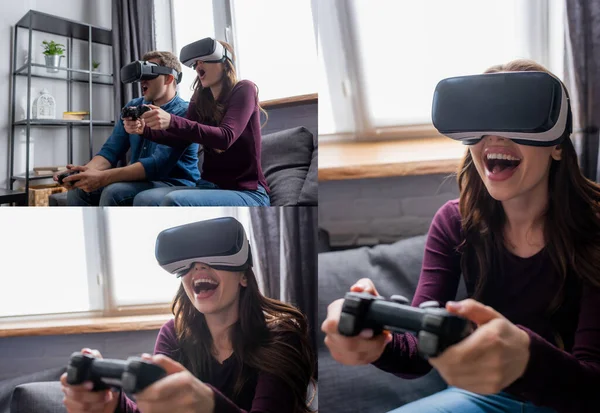 KYIV, UKRAINE - MAY 15, 2020: collage of emotional couple in virtual reality headsets playing video game in living room — Stock Photo